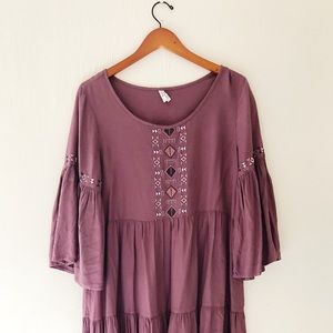 Bell-sleeve Purple Dress w/ Embroidered Detail